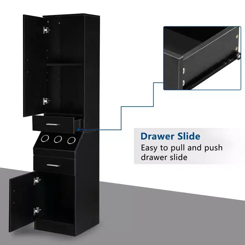 71" Tall Salon & Bathroom Storage Cabinet – 2 Drawers, 2-Tier Shelf & Tool Holders