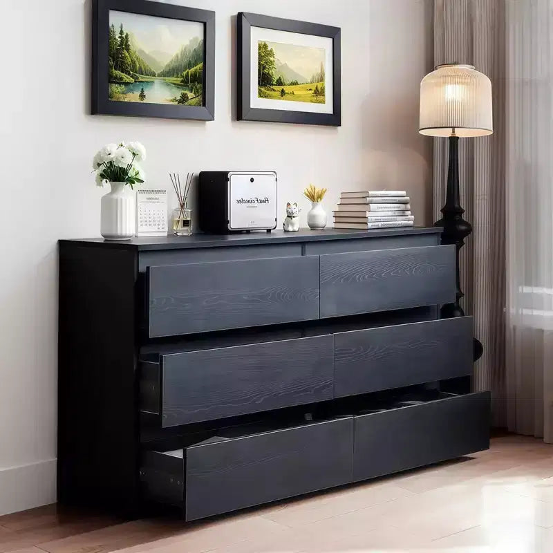 6 Drawers Black Dresser Modern with Spacious Countertop Concealed Handles 6 Deep Drawers for Living Room Entryway