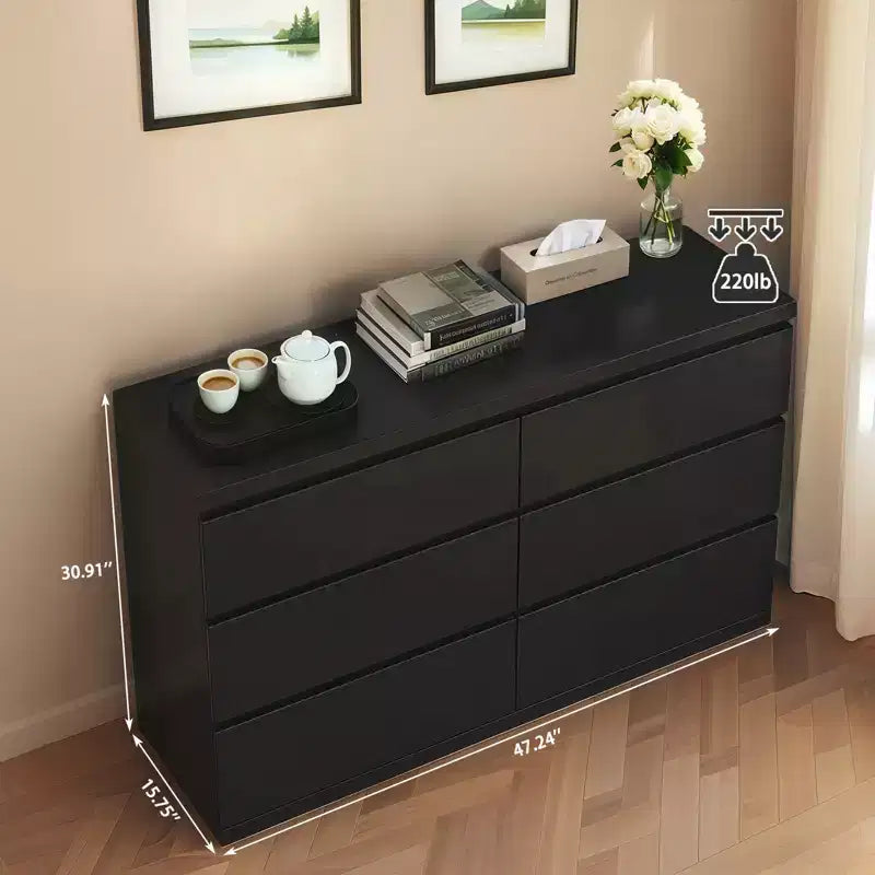6 Drawers Black Dresser Modern with Spacious Countertop Concealed Handles 6 Deep Drawers for Living Room Entryway