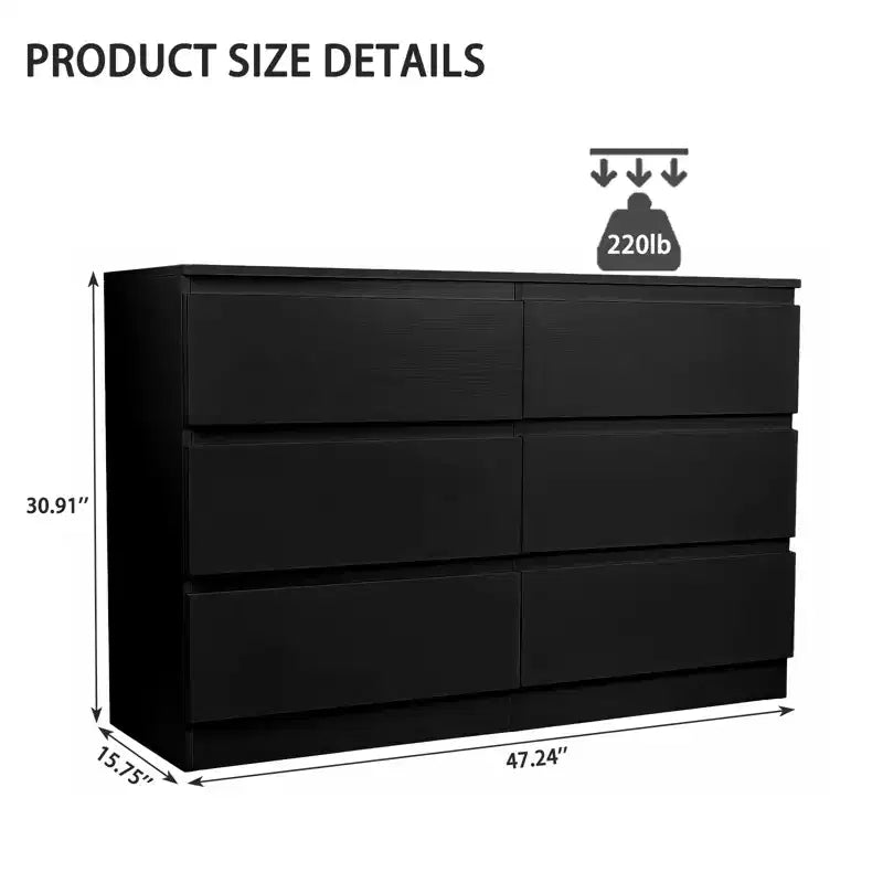 6 Drawers Black Dresser Modern with Spacious Countertop Concealed Handles 6 Deep Drawers for Living Room Entryway