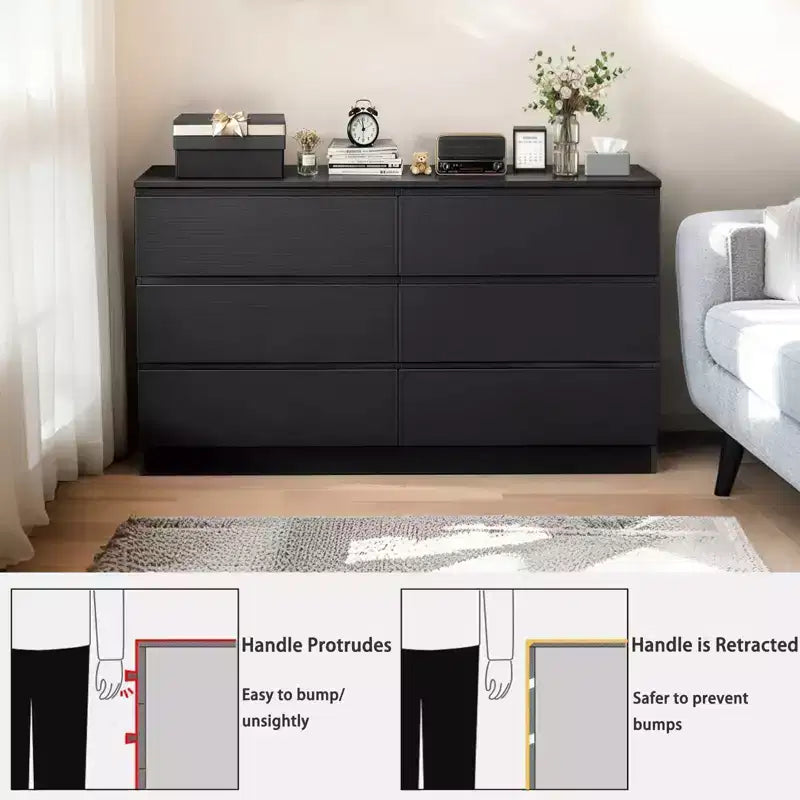 6 Drawers Black Dresser Modern with Spacious Countertop Concealed Handles 6 Deep Drawers for Living Room Entryway