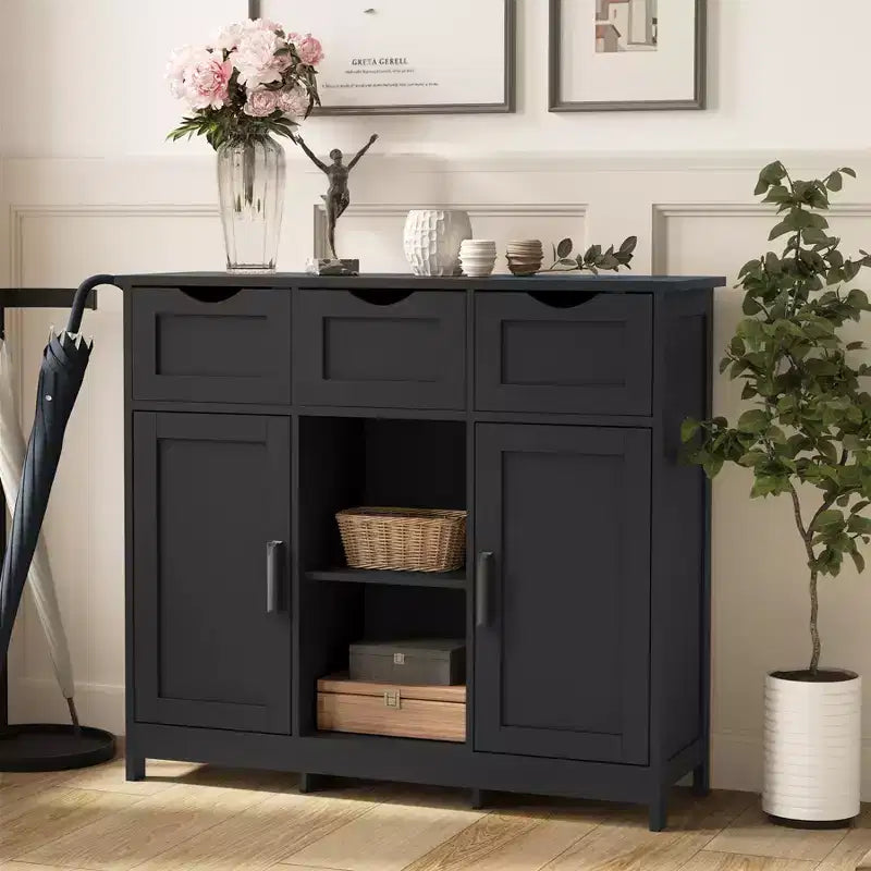 Storage Cabinet with 3 Drawers, 2 Doors & Adjustable Shelves – Black, Living Room