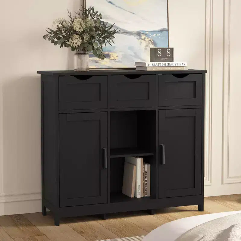 Storage Cabinet with 3 Drawers, 2 Doors & Adjustable Shelves – Black, Living Room