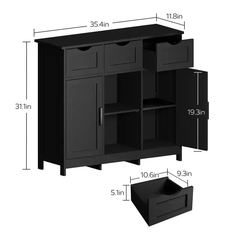 Storage Cabinet with 3 Drawers, 2 Doors & Adjustable Shelves – Black, Living Room