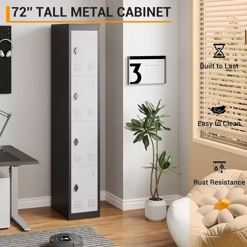 72" Tall 4-Door Steel Storage Locker – Grey & Black, Office, Gym & School