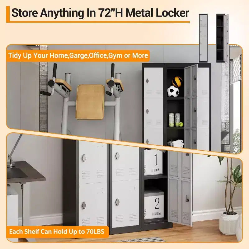72" Tall 4-Door Steel Storage Locker – Grey & Black, Office, Gym & School