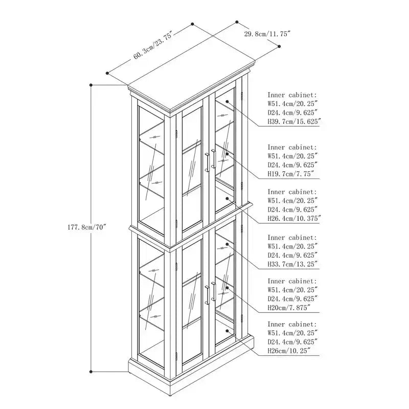 70" Tall Curio Cabinet with 6 Adjustable Shelves & Tempered Glass Doors
