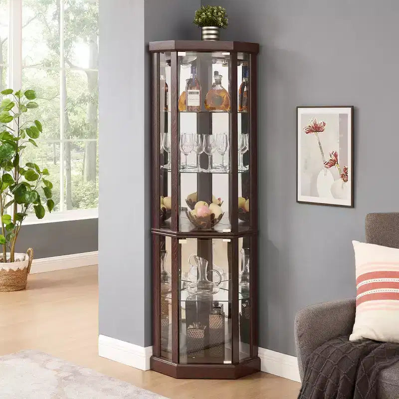 Corner Curio Cabinet with Glass Doors & 6 Shelves – Living Room Display Case