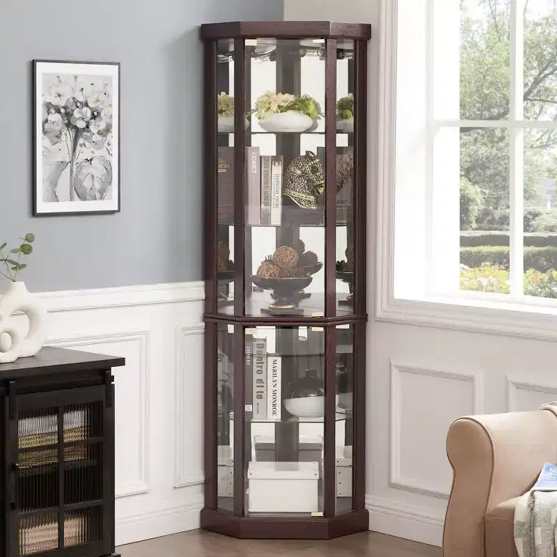Corner Curio Cabinet with Glass Doors & 6 Shelves – Living Room Display Case