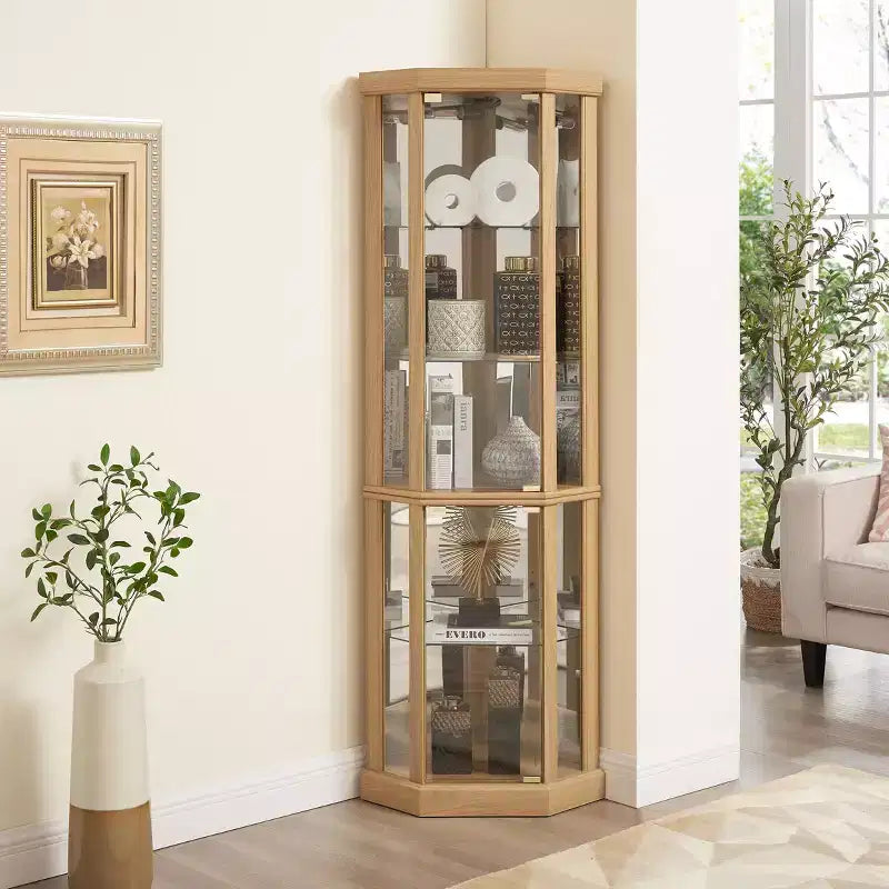 Corner Curio Cabinet with Glass Doors & 6 Shelves – Living Room Display Case