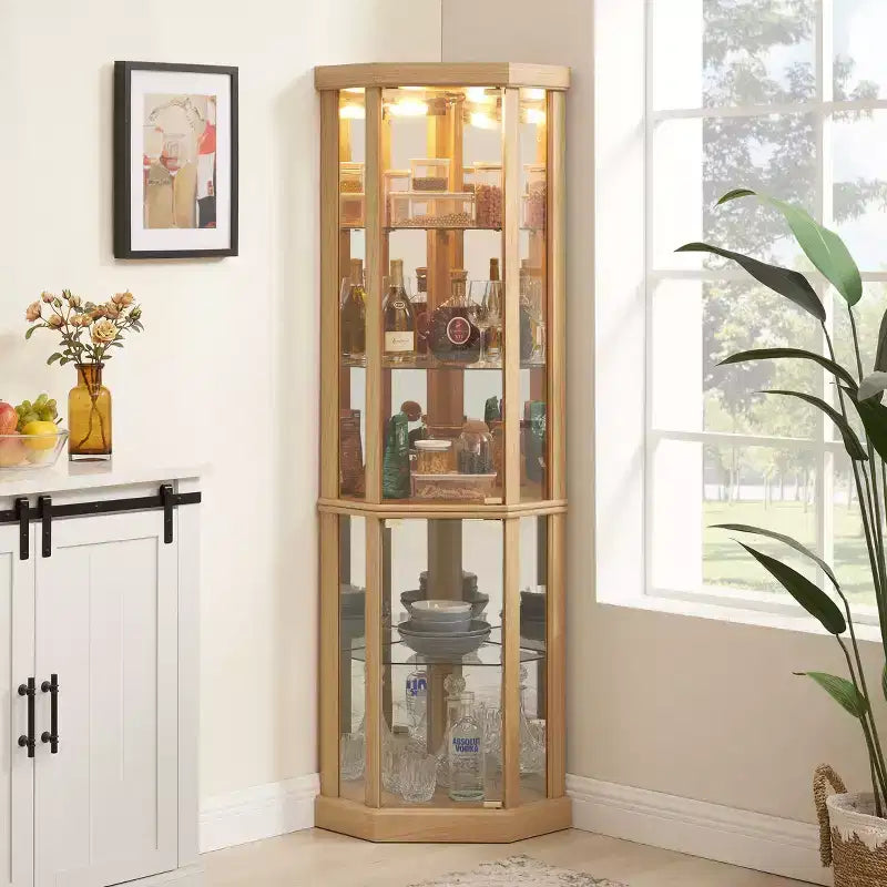 Corner Curio Cabinet with Glass Doors & 6 Shelves – Living Room Display Case