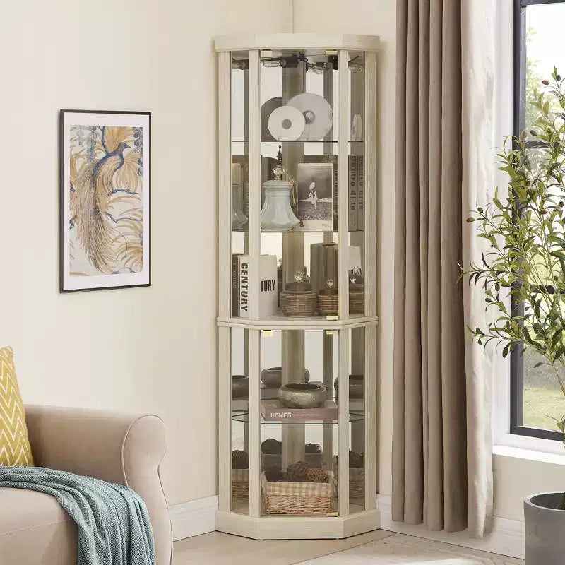 Corner Curio Cabinet with Glass Doors & 6 Shelves – Living Room Display Case
