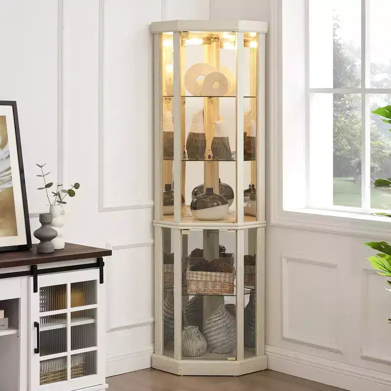 Corner Curio Cabinet with Glass Doors & 6 Shelves – Living Room Display Case