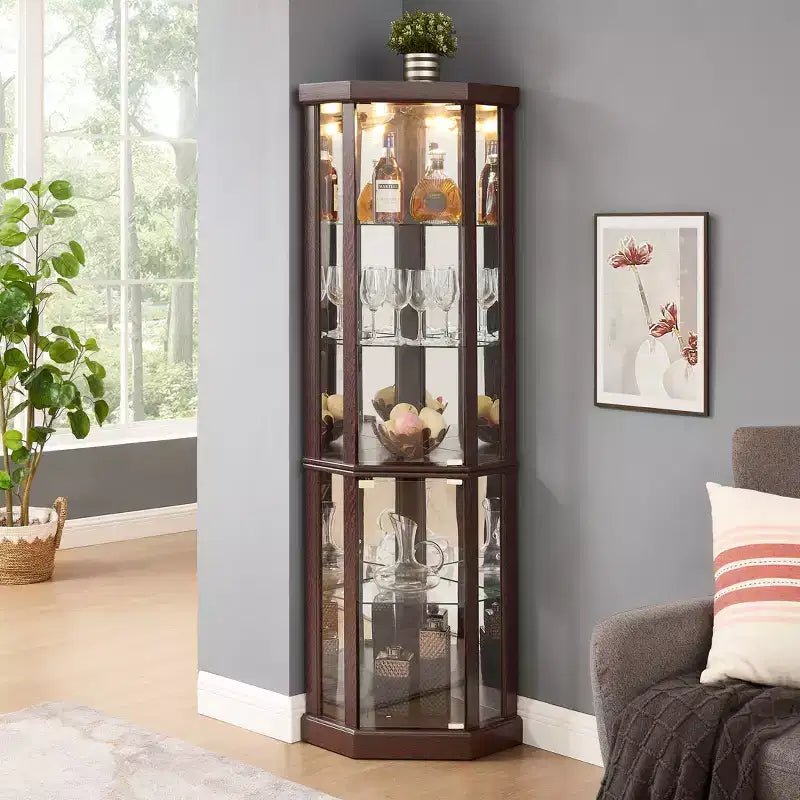 Corner Curio Cabinet with Glass Doors & 6 Shelves – Living Room Display Case