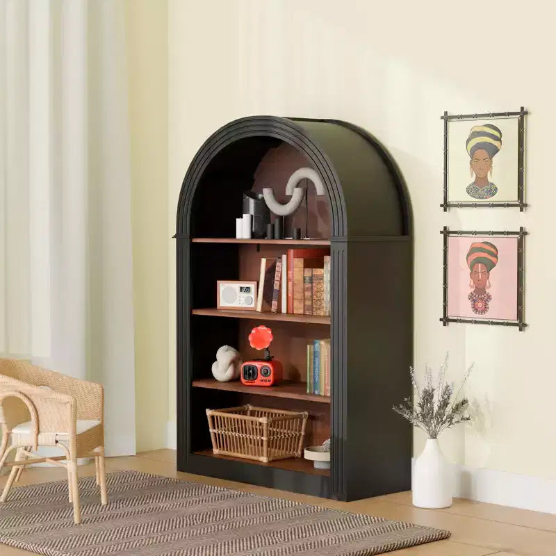 Antique Arched Display Cabinet – Black, 4 Shelves, Freestanding, Living Room