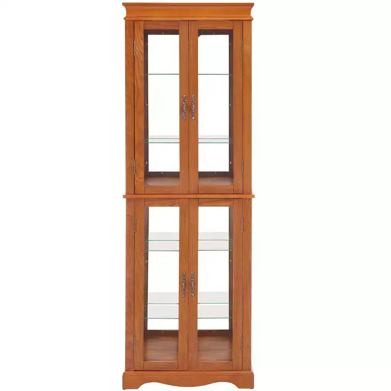 Lighted Glass Curio Display Cabinet with Wood Frame - Elegant Glass Storage for Wine, Toys & Collectibles - Perfect for Living Room, Kitchen- OAK