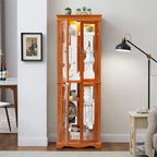 Lighted Glass Curio Display Cabinet with Wood Frame - Elegant Glass Storage for Wine, Toys & Collectibles - Perfect for Living Room, Kitchen- OAK