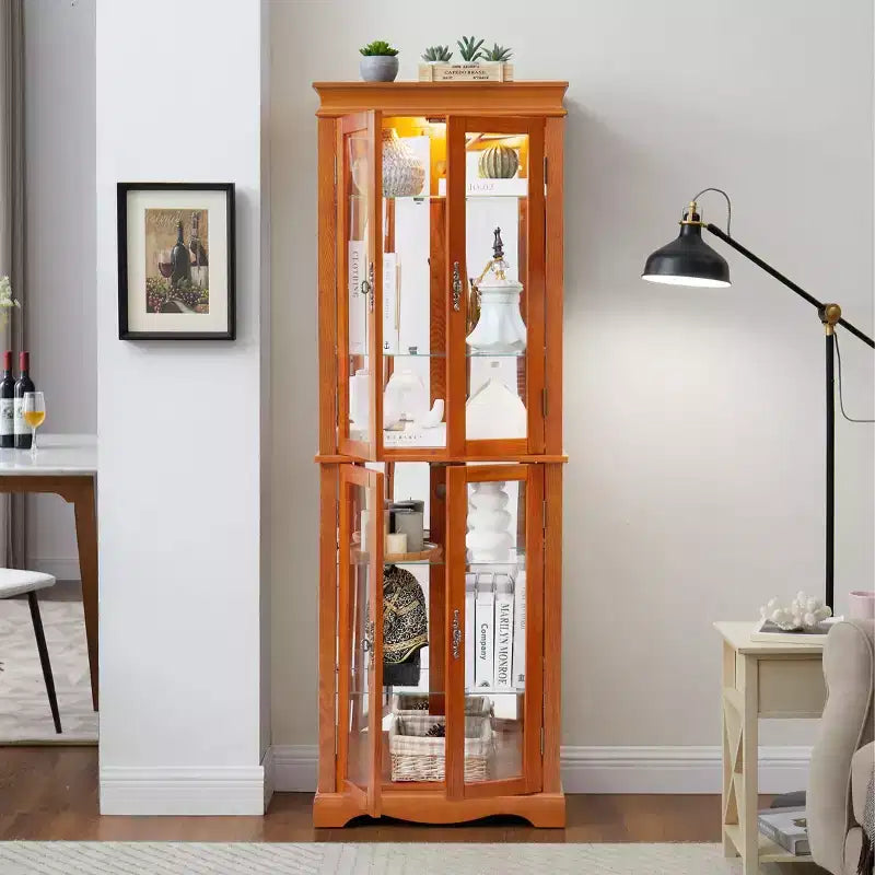 Lighted Glass Curio Display Cabinet with Wood Frame - Elegant Glass Storage for Wine, Toys & Collectibles - Perfect for Living Room, Kitchen- OAK
