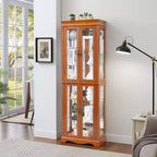 Lighted Glass Curio Display Cabinet with Wood Frame - Elegant Glass Storage for Wine, Toys & Collectibles - Perfect for Living Room, Kitchen- OAK
