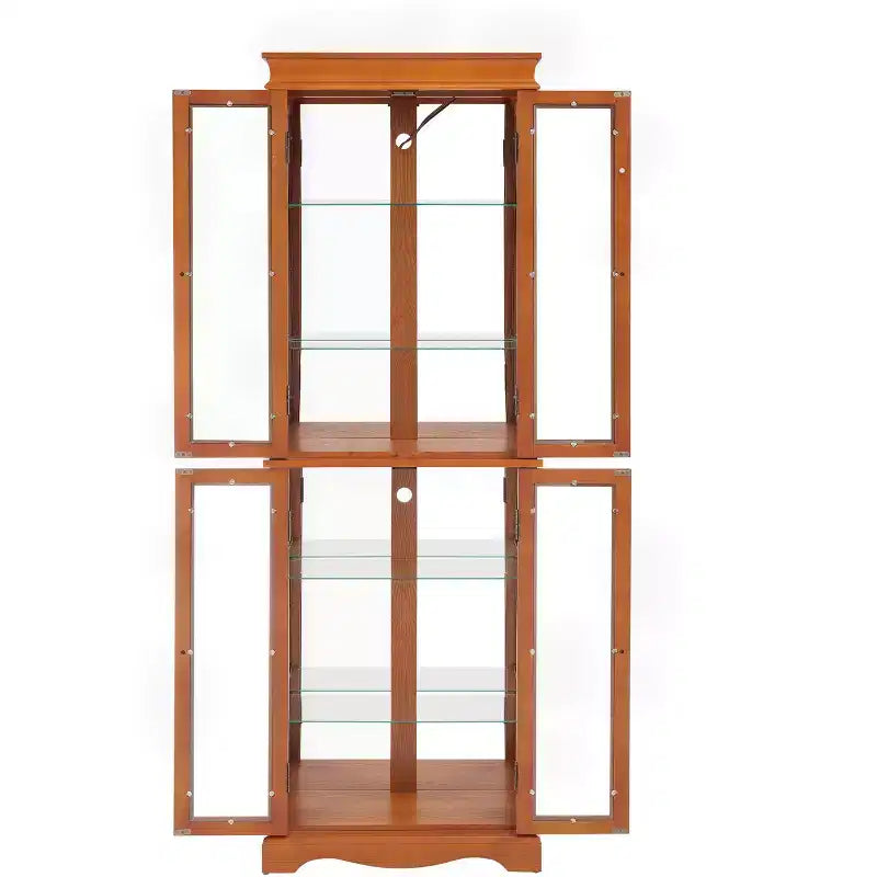 Lighted Glass Curio Display Cabinet with Wood Frame - Elegant Glass Storage for Wine, Toys & Collectibles - Perfect for Living Room, Kitchen- OAK