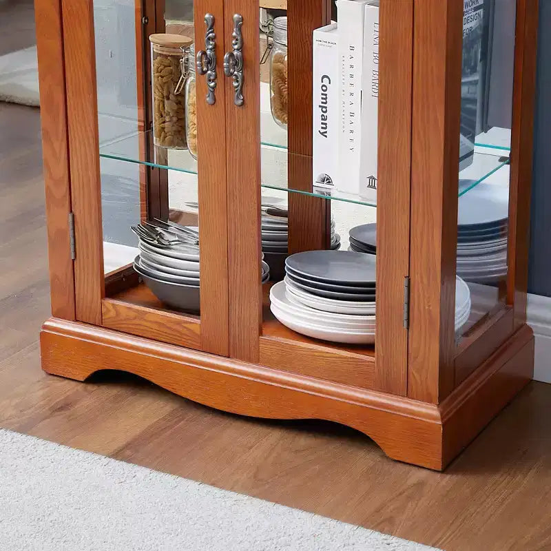 Lighted Glass Curio Display Cabinet with Wood Frame - Elegant Glass Storage for Wine, Toys & Collectibles - Perfect for Living Room, Kitchen- OAK