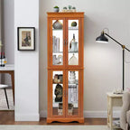 Lighted Glass Curio Display Cabinet with Wood Frame - Elegant Glass Storage for Wine, Toys & Collectibles - Perfect for Living Room, Kitchen- OAK