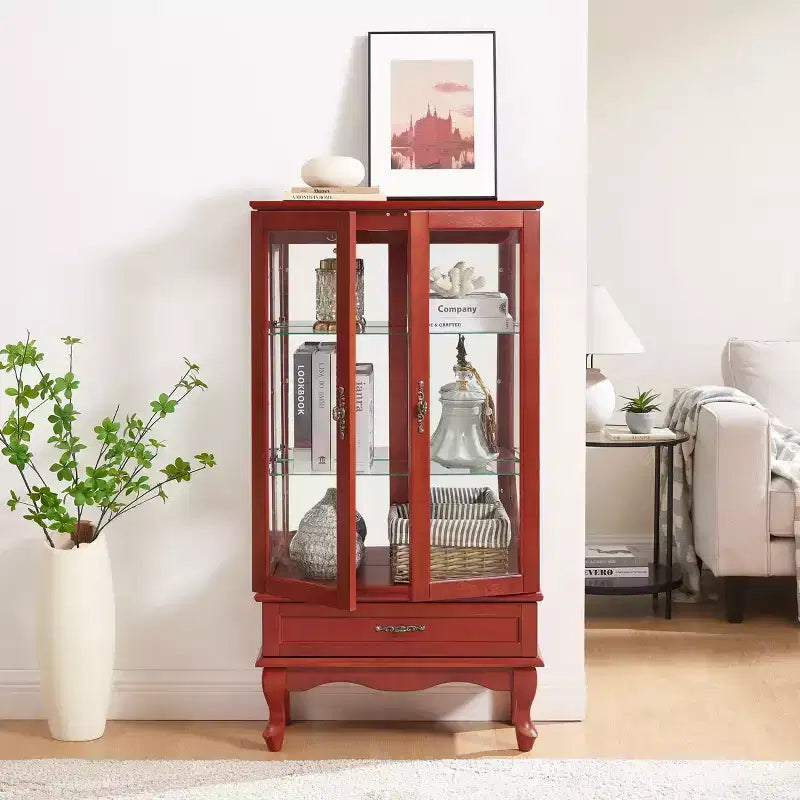 Lighted Corner Curio Cabinet – Cherry Finish, Tempered Glass Doors & 6 Shelves