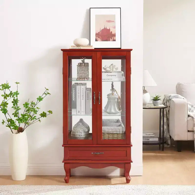 Lighted Corner Curio Cabinet – Cherry Finish, Tempered Glass Doors & 6 Shelves