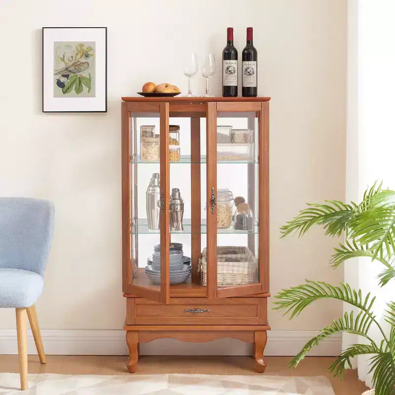 Lighted Corner Curio Cabinet – Cherry Finish, Tempered Glass Doors & 6 Shelves
