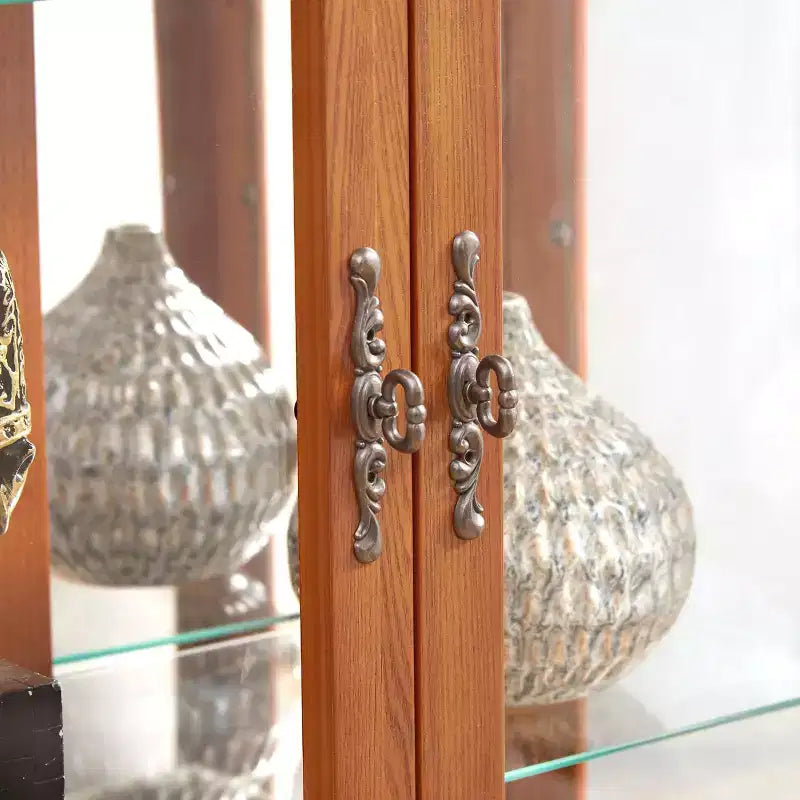 Lighted Corner Curio Cabinet – Cherry Finish, Tempered Glass Doors & 6 Shelves