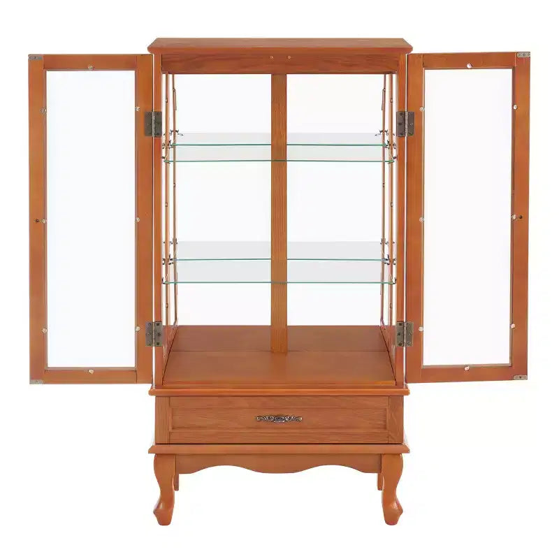 Lighted Corner Curio Cabinet – Cherry Finish, Tempered Glass Doors & 6 Shelves