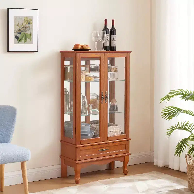 Lighted Corner Curio Cabinet – Cherry Finish, Tempered Glass Doors & 6 Shelves