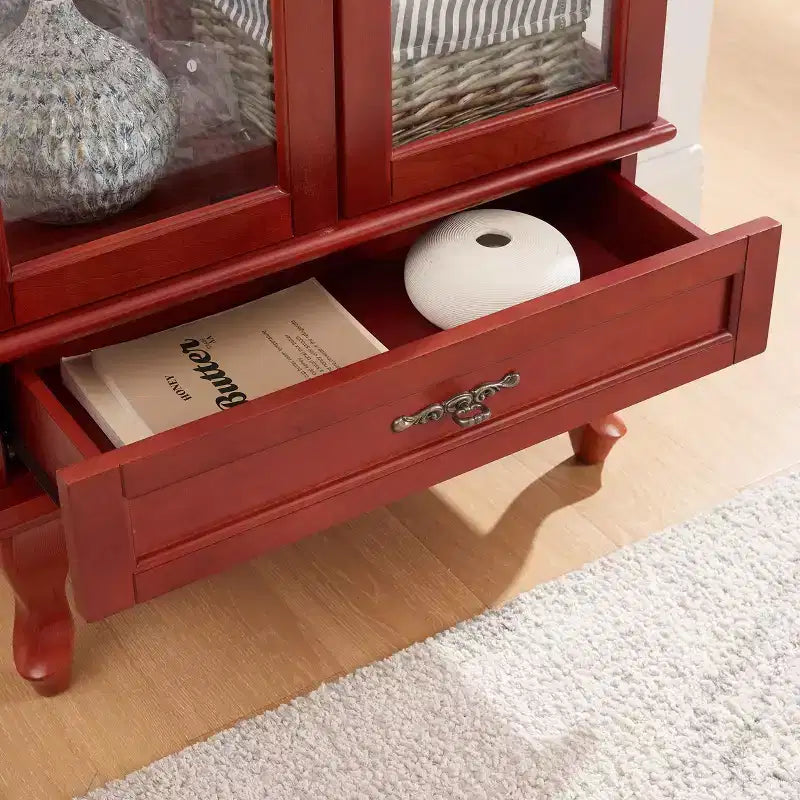 Lighted Corner Curio Cabinet – Cherry Finish, Tempered Glass Doors & 6 Shelves