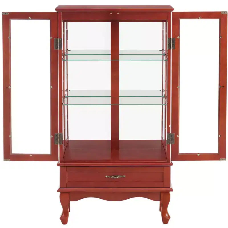 Lighted Corner Curio Cabinet – Cherry Finish, Tempered Glass Doors & 6 Shelves