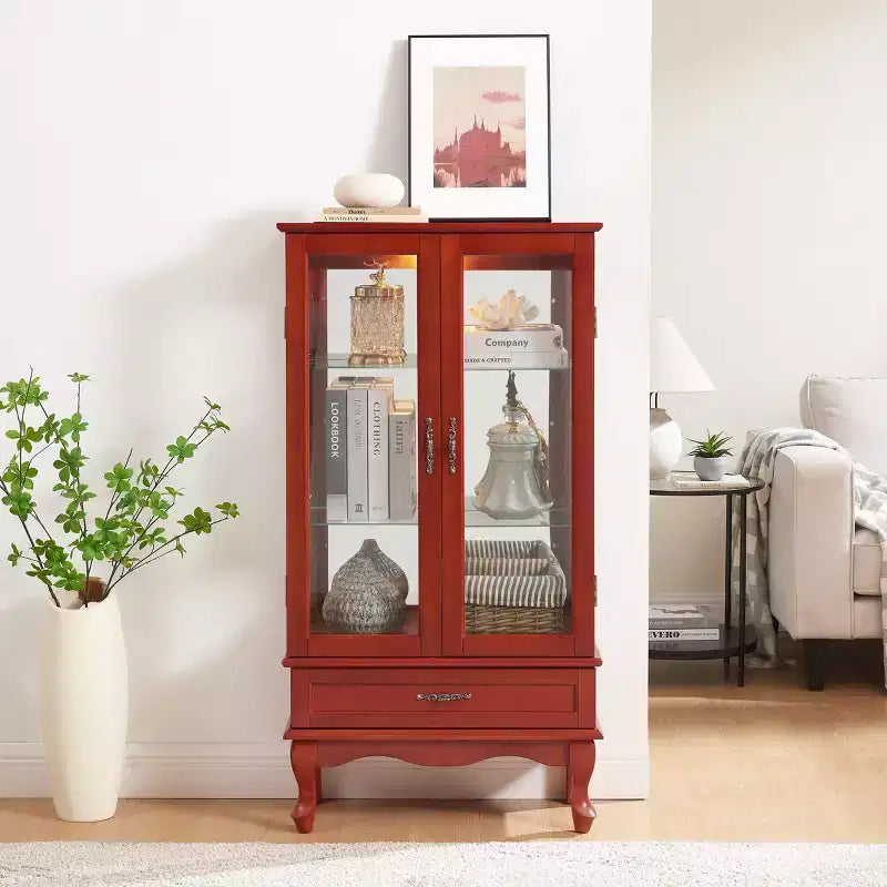 Lighted Corner Curio Cabinet – Cherry Finish, Tempered Glass Doors & 6 Shelves