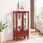 Lighted Corner Curio Cabinet – Cherry Finish, Tempered Glass Doors & 6 Shelves