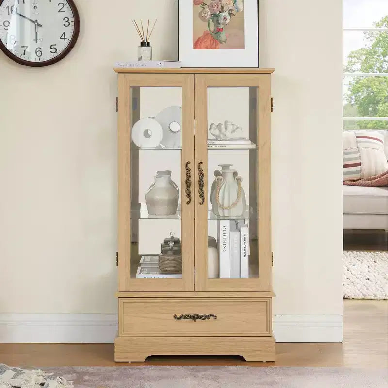 Display Cabinet with 2 Glass Doors, 3 Shelves & 1 Drawer – Freestanding, Modern