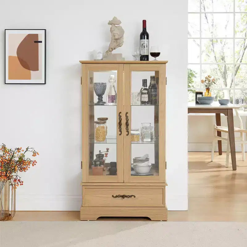 Display Cabinet with 2 Glass Doors, 3 Shelves & 1 Drawer – Freestanding, Modern