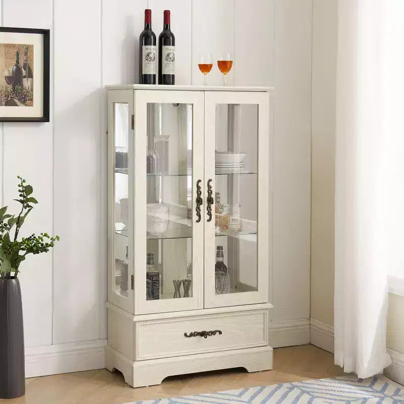 Display Cabinet with 2 Glass Doors, 3 Shelves & 1 Drawer – Freestanding, Modern