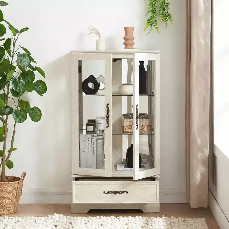 Display Cabinet with 2 Glass Doors, 3 Shelves & 1 Drawer – Freestanding, Modern