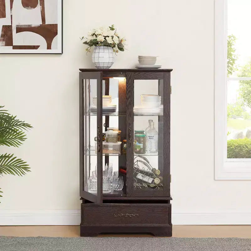 Display Cabinet with 2 Glass Doors, 3 Shelves & 1 Drawer – Freestanding, Modern