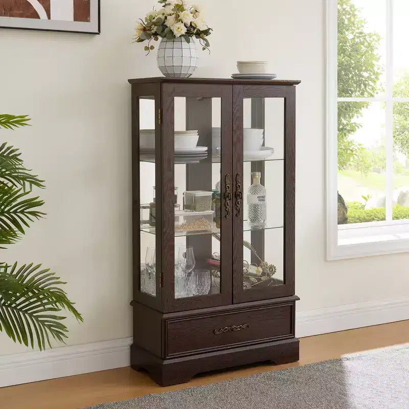Display Cabinet with 2 Glass Doors, 3 Shelves & 1 Drawer – Freestanding, Modern