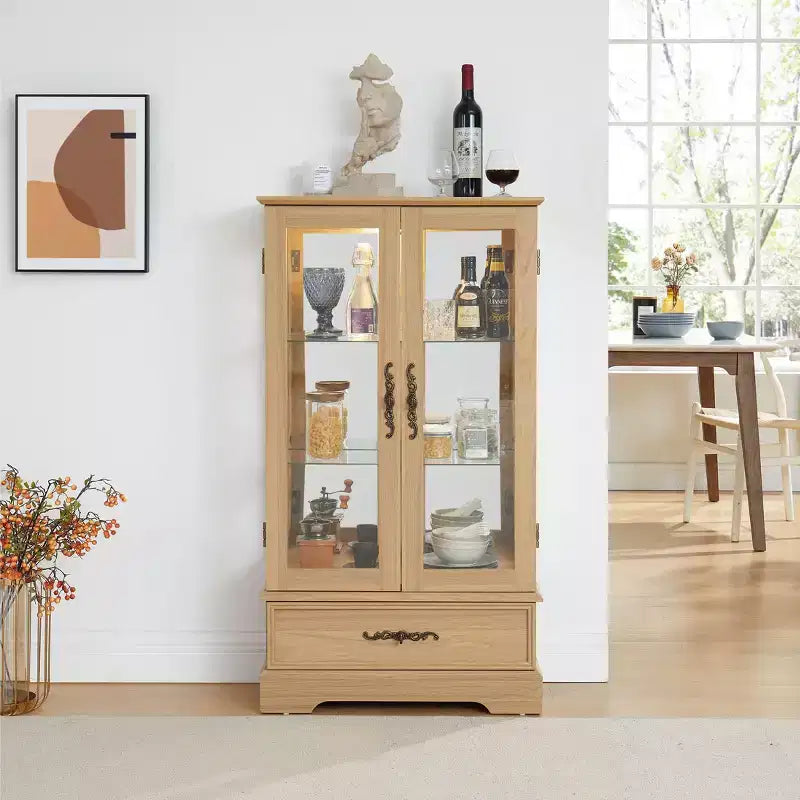 Display Cabinet with 2 Glass Doors, 3 Shelves & 1 Drawer – Freestanding, Modern