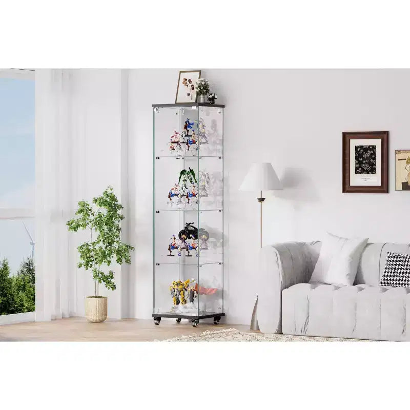 Display Cabinet, 4 Tier Storage Cabinet with 1 Doors and Wheels, Freestanding Cabinet for Living Room, Hallway and Office