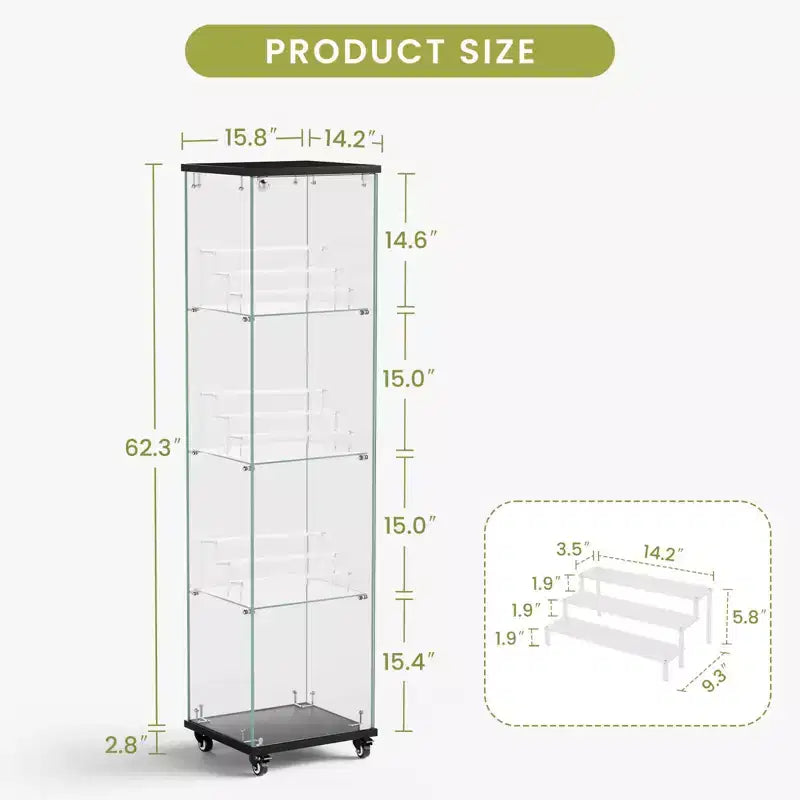 Display Cabinet, 4 Tier Storage Cabinet with 1 Doors and Wheels, Freestanding Cabinet for Living Room, Hallway and Office