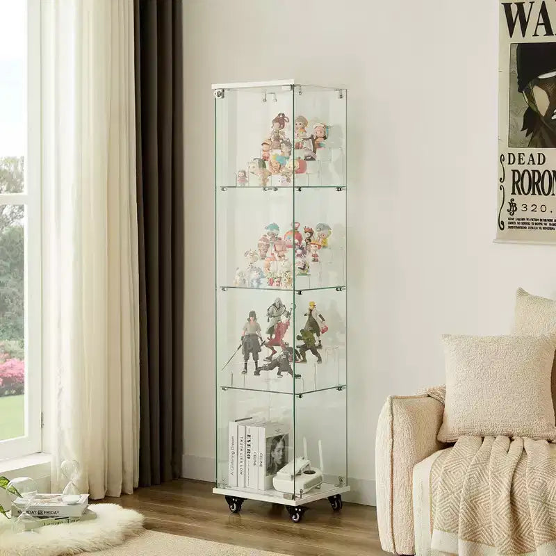 Display Cabinet, 4 Tier Storage Cabinet with 1 Doors and Wheels, Freestanding Cabinet for Living Room, Hallway and Office