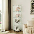 Display Cabinet, 4 Tier Storage Cabinet with 1 Doors and Wheels, Freestanding Cabinet for Living Room, Hallway and Office