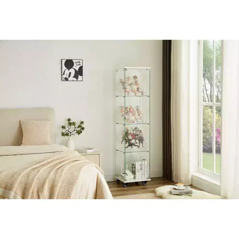 Display Cabinet, 4 Tier Storage Cabinet with 1 Doors and Wheels, Freestanding Cabinet for Living Room, Hallway and Office