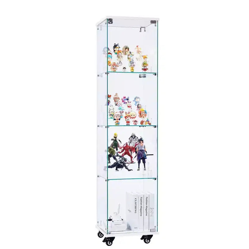 Display Cabinet, 4 Tier Storage Cabinet with 1 Doors and Wheels, Freestanding Cabinet for Living Room, Hallway and Office