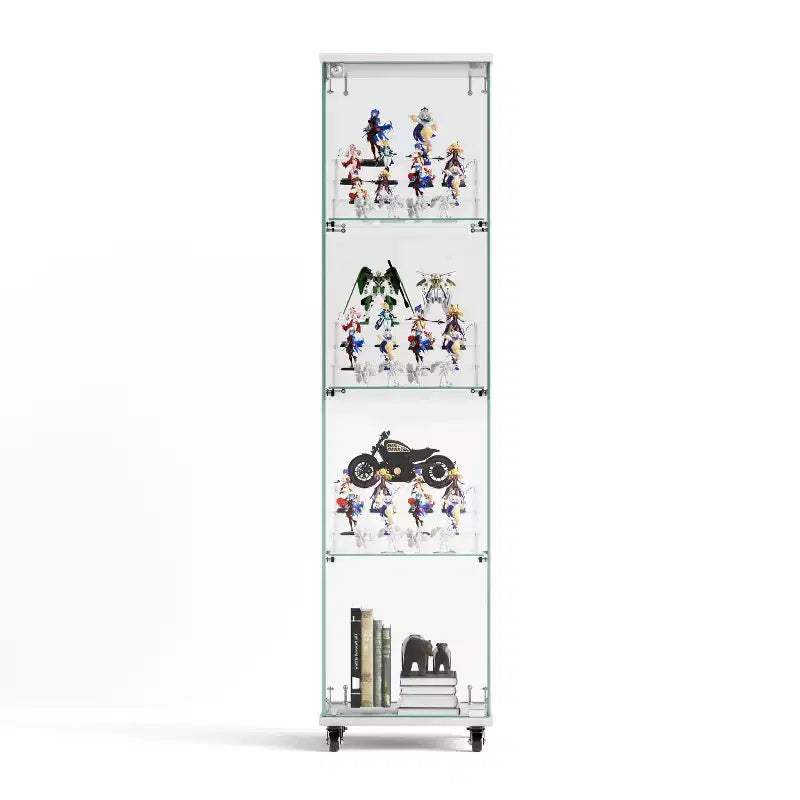 Display Cabinet, 4 Tier Storage Cabinet with 1 Doors and Wheels, Freestanding Cabinet for Living Room, Hallway and Office